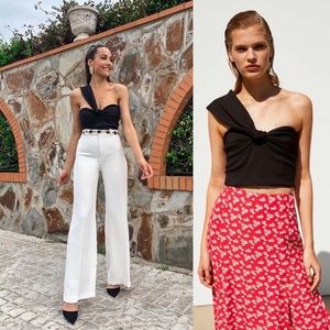 ZARA BLACK STRETCH FULLY LINED ONE SHOULDER TWIST ASYMMETRIC CROPPED TOP